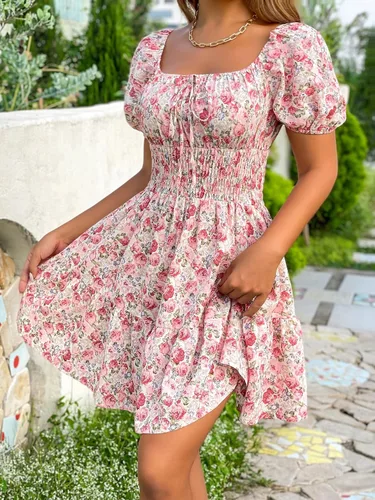 Miniatura 6 de Floerns Vestido bohemio de manga corta abombada con cuello cuadrado y lazo frontal para mujer
