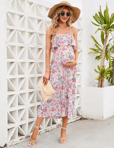 Miniatura 4 de Vestido de maternidad para mujer, con tirantes delgados, floral, con volantes, cintura alta, sin espalda, plisado, para baby shower