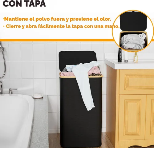 Miniatura 3 de SpaceAid Cesta de lavandería con tapa, 110L de gran capacidad, cesta alta para ropa con asas de bambú, cesta plegable para dormitorio, baño, Negro