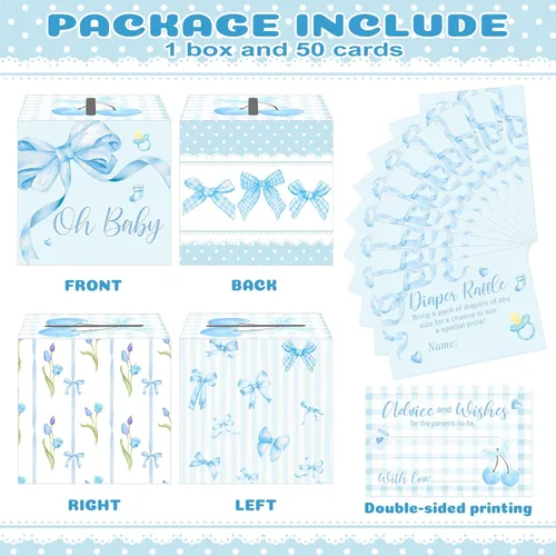 Miniatura 3 de Funrous 51 boletos para rifa de pañales con caja para invitaciones de juegos de baby shower, tarjeta de rifa de pañales para revelación de género