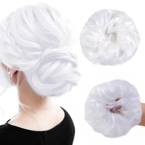 Miniatura 14 de Pieza de cabello de moño desordenado, piezas de cabello azul para mujeres y niñas, extensiones de cabello sintético ondulado y rizado, coletero