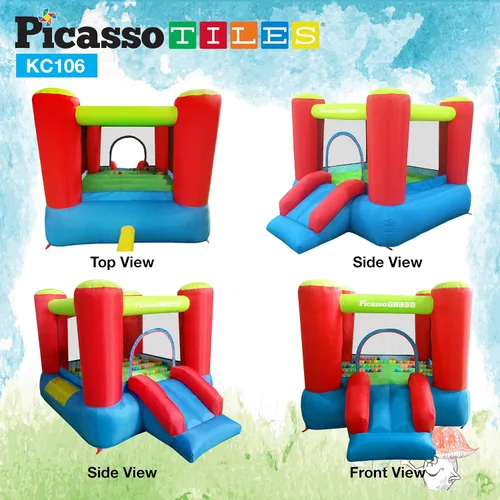 Miniatura 5 de PicassoTiles KC106 Castillo inflable junior de 8x7 pies, parque infantil, casa de rebote y tobogán inflable, casa de juego con tobogán con 50 bolas