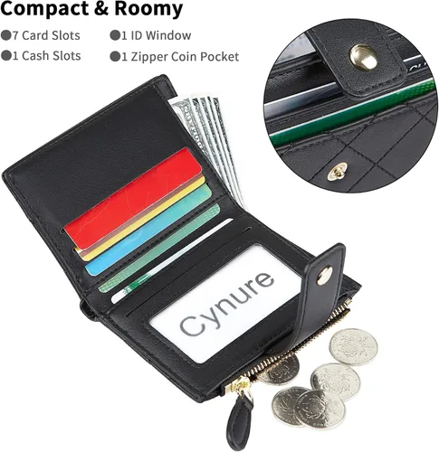 Miniatura 54 de Cartera de cuero para mujer, pequeña, compacta, plegable, con bolsillo para monedas con cremallera