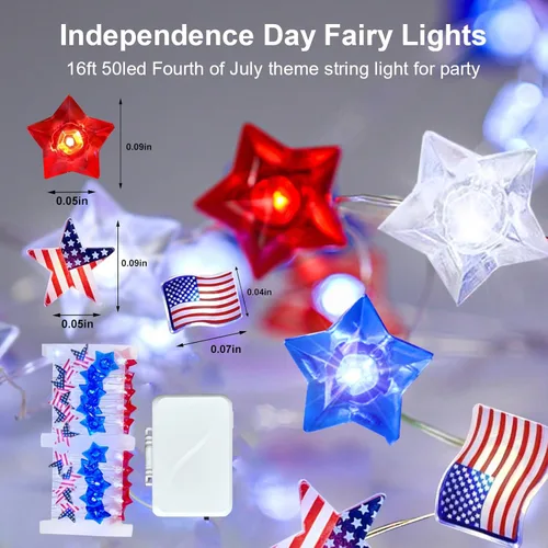 Miniatura 2 de Aogist Guirnalda de 50 luces LED para el 4 de julio, 16 pies, color rojo, blanco, azul, estrellas y bandera estadounidense, guirnalda patriótica