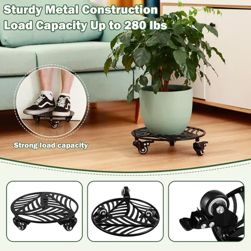 Miniatura 4 de 1 paquete de 30 cm de gran organizador de plantas de metal con 3 ruedas de PU metálicas, soporte rodante para plantas con ruedas para interiores