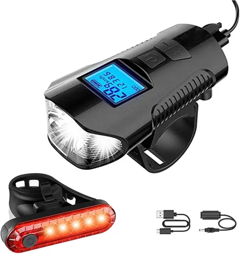 SUYA Juego de luces para bicicleta, faro delantero de bicicleta con bocina y velocímetro, luz delantera recargable por USB y luz trasera, se adapta