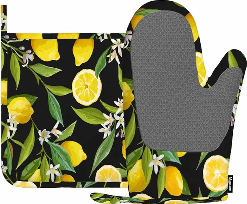 Mxocom Juego de manoplas de horno de silicona con frutas de limón y soportes para ollas, flores, hojas, limones, guantes de barbacoa para cocina,
