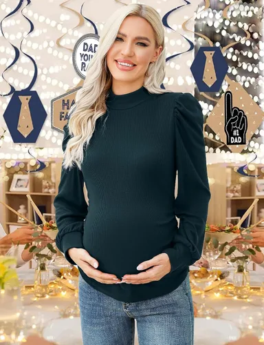 Miniatura 2 de Coolmee Camiseta de maternidad de punto acanalado para mujer, cuello alto falso, manga larga, túnica fruncida para embarazadas