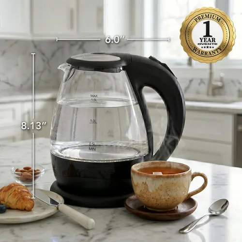 Miniatura 6 de OVENTE Hervidor eléctrico de vidrio de 1.5 L con luz LED azul, calentador de agua de encimera iluminado de 1100 W y caldera para café o té, apagado