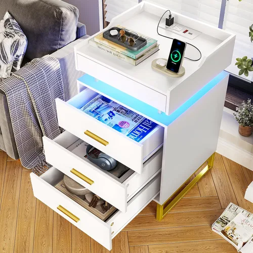 Miniatura 9 de BTHFST Mesita de noche LED con estación de carga, mesita grande con 3 cajones y 1 bandeja extraíble, mesa de noche moderna con luces LED, mesa