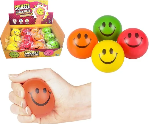 Zugar Land Bola de estrés con cara sonriente feliz de colores neón surtidos de 2.5 pulgadas (12) caja al por menor. bolas rojas, verdes, amarillas y