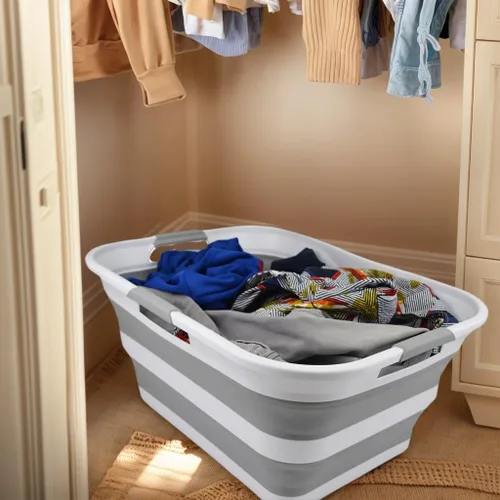Miniatura 7 de SAMMART Cesta plegable de plástico para la ropa sucia de 42L (11 galones), contenedor de almacenamiento plegable y organizador, tina de lavado