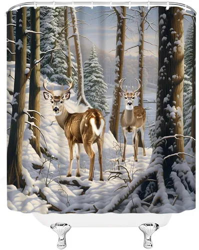 Miniatura 3 de Cortina de ducha de Navidad de invierno con pájaros rojos de Navidad, pájaros, árbol de pino, rama, bosque, copo de nieve, nevada, día festivo
