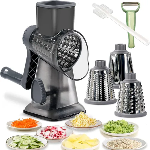 Rallador giratorio de queso con asa, rebanador de verduras de mandolina manual, triturador de zanahorias, molinillo de nueces con 3 cuchillas de