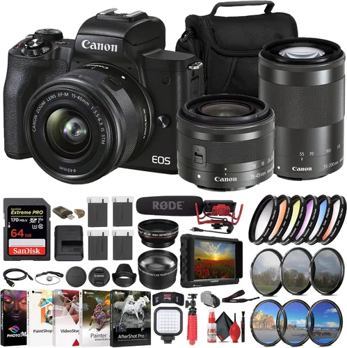 Canon Cámara sin espejo EOS M50 Mark II con lentes de 0.591-1.772 in y 2.165-7.874 in (negro) (4728C014) + monitor 4K + VideoMic Rode + tarjeta de
