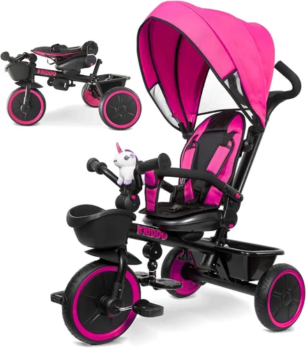 Miniatura 8 de KRIDDO Carrito de triciclo 7 en 1 para niños pequeños de 18 meses a 5 años, mango de empuje ajustable, asiento giratorio, portavasos y toldo