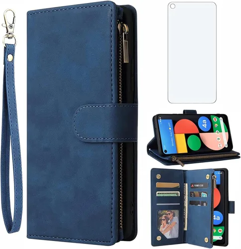 Asuwish Funda tipo cartera compatible con Google Pixel 4a 5G, protector de pantalla de vidrio templado y funda de cuero con tapa para tarjetas,