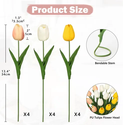 Miniatura 2 de 20 tulipanes artificiales mixcolor de tacto real, flores falsas para el día de la madre, 13.5 pulgadas, tulipanes sintéticos, flores artificiales a