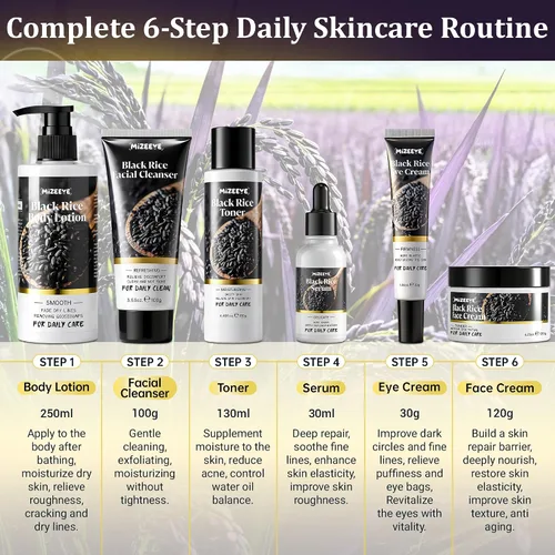 Miniatura 6 de Juego de rutina de cuidado de la piel de arroz negro natural para mujeres, kit antienvejecimiento con lavado facial, tóner, suero, loción corporal