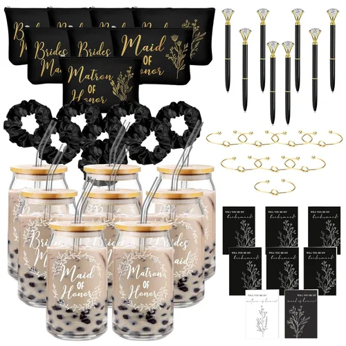 Irenare Juego de 8 piezas de 48 piezas de regalos de dama de honor, regalos de dama de honor, vasos de vidrio de 16 onzas, bolsas de maquillaje para