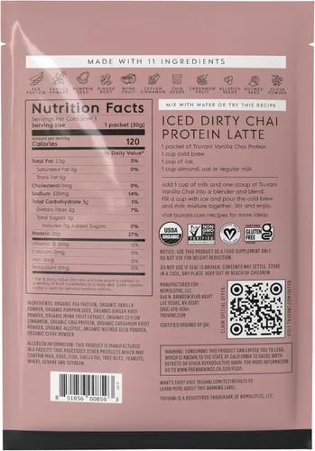 Miniatura 8 de Truvani Polvo de Proteína Vegana de Guisante Vainilla Chai 20g de Proteína Orgánica a Base de Plantas 1 Porción Keto Sin Gluten y Lácteos