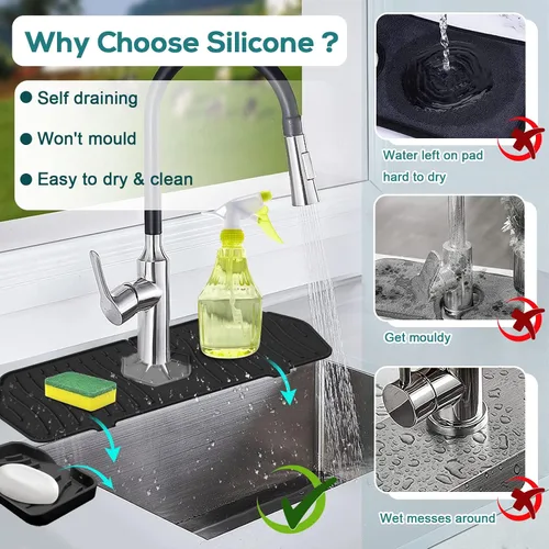 Miniatura 4 de Protector contra salpicaduras para fregadero de cocina y bandeja de jabón, tapete protector de silicona para grifo, soporte de esponja con boquilla