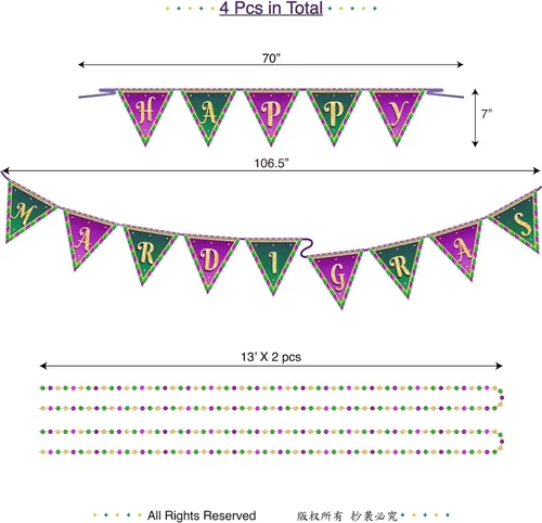 Miniatura 7 de Cheerland Cartel de Feliz Mardi Gras, decoraciones de Mardi Gras, bandera de guirnalda de martes gordos verde, morado, cuentas doradas, banderines