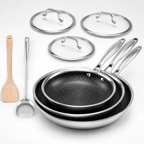 Miniatura 8 de USELUCK Juego de Sartenes Antiadherentes, Sartenes Híbridas No Tóxicas de 8, 10 y 12 Pulgadas con Tapas, Aptas para Lavavajillas y Horno, Listas