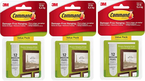 Command Tiras para colgar cuadros, medianas, blancas, 12 pares por paquete, se venden por paquete de 3, 36 pares en total (17204-12ES)