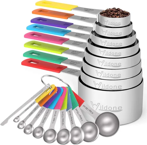 Wildone Juego de 18 tazas y cucharas medidoras, incluye 8 tazas medidoras de acero inoxidable, 9 cucharas medidoras, 1 nivelador, ideal para Varios