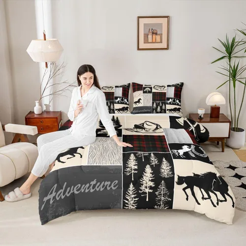 Miniatura 188 de Juego de edredón de oso y ciervo, tamaño individual, ropa de cama de animales salvajes de caza, colcha rústica de cabaña, casa de campo, cuadros