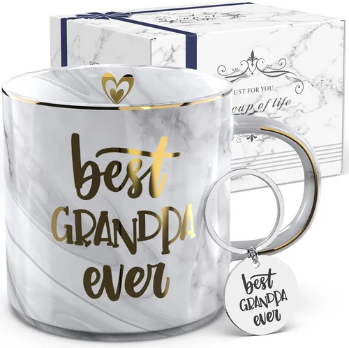 EURSET Regalos para el abuelo de parte de los nietos, taza de café de cerámica gris de 11.5 onzas con llavero - Best Grandpa Ever - Regalos de