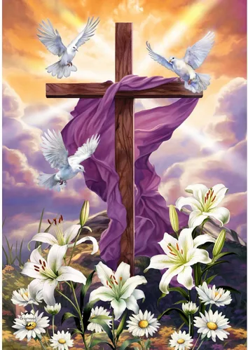 Miniatura 8 de Bandera religiosa para el hogar, con diseño de Pascua, con palomas, cruz y lirios, 28 x 40 pulgadas Amanecer de Pascua