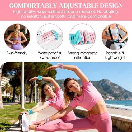 Miniatura 4 de Pesas de muñeca, pulseras magnéticas ajustables para piernas y brazos, 2 unidades (1 libra cada una) pesas de tobillo de silicona para mujeres
