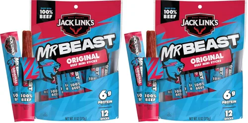Miniatura 10 de Jack Link’s x MrBeast Mini Palitos de Ternera Sin Azúcar – 6g de Proteína por 2 Palitos de Carne Envueltos Individualmente, Hechos con 100% Ternera