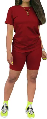 KINIKO Conjunto deportivo de 2 piezas para mujer, casual, de moda, color sólido, camiseta de manga corta y pantalones
