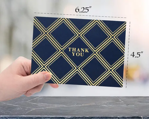 Miniatura 2 de 100 tarjetas de agradecimiento, azul marino geométrico con letras doradas, en blanco por dentro, con sobres, para negocio, boda, regalo, Navidad