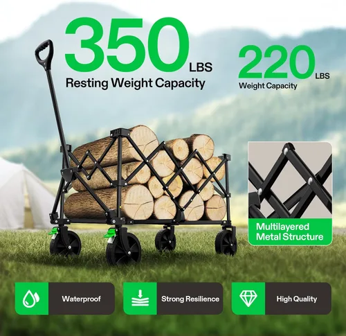 Miniatura 3 de Vivosun - Carrito de servicio plegable de alta resistencia para campamento, jardín, intemperie, ruedas universales y mango ajustable, negro
