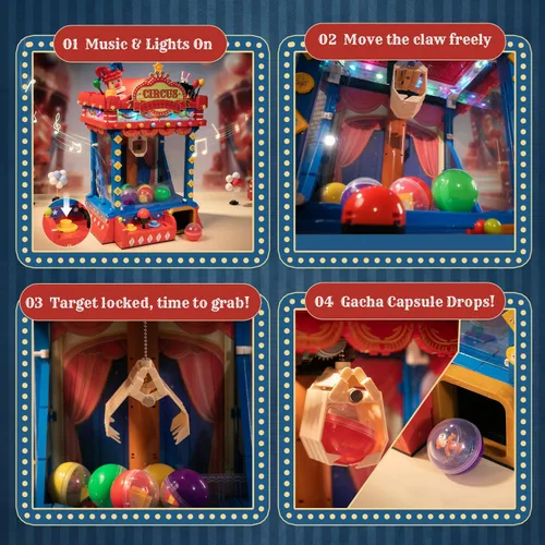 Miniatura 4 de PANTASY Kit de Construcción de Máquina de Garra de Circo Retro, Modelo de Bloques de Máquina Arcade Estilo Arcade con Luces y Música, Set