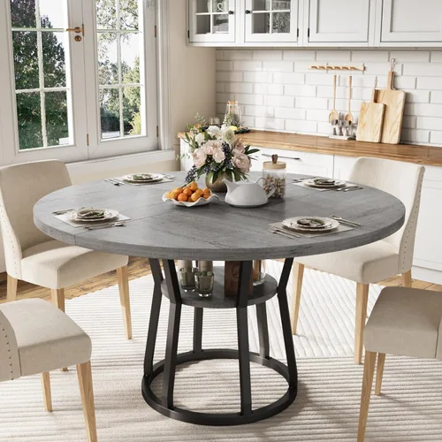 Miniatura 14 de GarveeHome Mesa de comedor redonda para 4-6, 47.2 pulgadas, mesa de cocina de granja con almacenamiento, mesas de comedor circulares para cocina