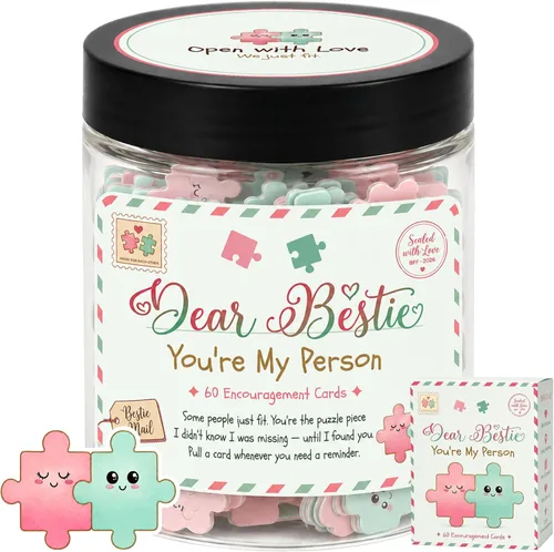 Tarro de afirmación Bestie: 60 tarjetas de rompecabezas, regalo de amistad para mujeres, regalo de cumpleaños para mejor amiga para ella, tarro de