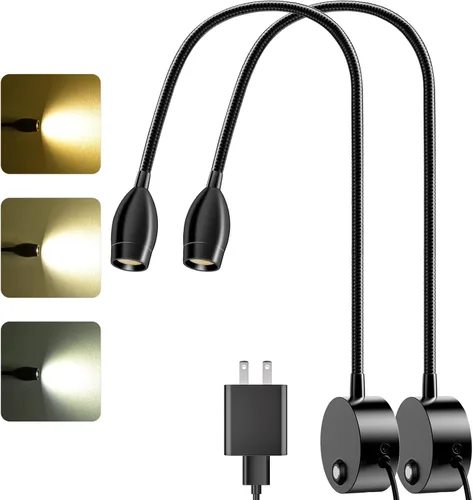 Miniatura 13 de Luz de lectura LED montada en la pared con cuello de cisne flexible de 15 pulgadas, luz de libro regulable para leer en la cama con puerto de carga