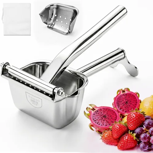 Fruit Juice Squeezer Manual Juicer – Premium 304 Stainless Steel Hand Juicer Juice Press with Metal Filter filter bag, Easy to Use & Clean, Non-Slip