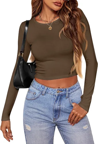Miniatura 4 de Riyiper 3 piezas de camiseta corta de manga larga para mujer, ajustada, cuello redondo, camiseta básica casual para mujer