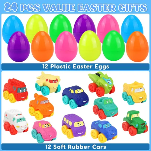 Miniatura 2 de Huevos de Pascua precargados con autos de juguete: 12 huevos de Pascua rellenos con juguetes de goma suave, rellenos de cesta de Pascua para bebés