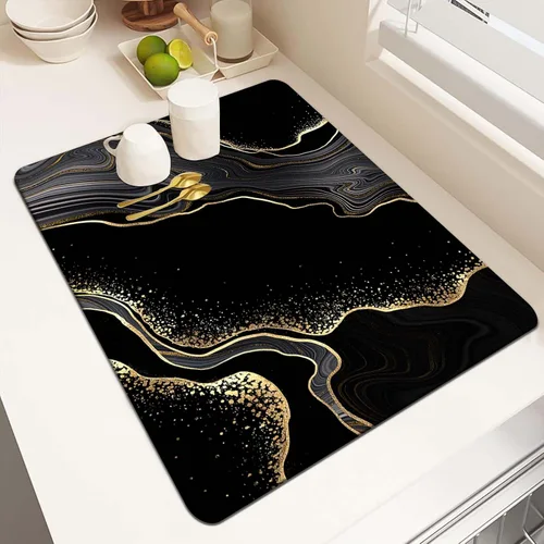 Miniatura 12 de MCALK Tapete de secado de platos negro mármol para encimera de cocina, almohadilla de secado de platos dorada con base de goma antideslizante