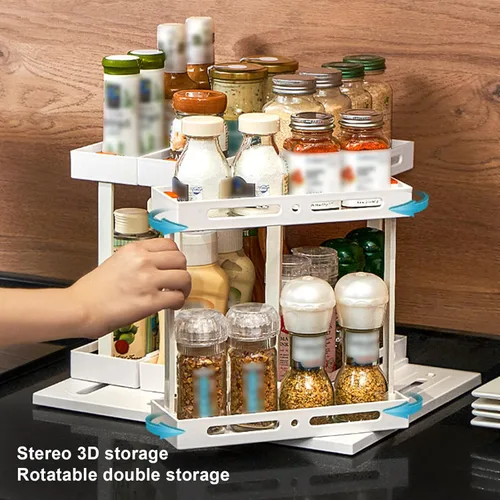 Miniatura 3 de DULRLLY Organizador giratorio para especias, 2 estantes de especias de dos pisos, organizador de armario de cocina extraíble para tiendas recetas