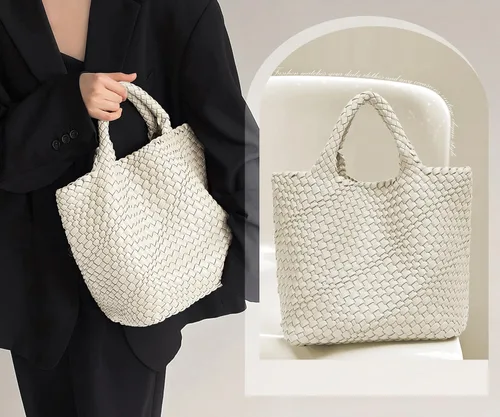 Miniatura 3 de KALIDI Bolso de playa de mano de paja Bolso de hombro a rayas cosido PU mango de cuero Zippe Viaje Compras Picnic