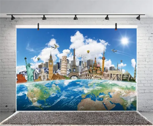 Miniatura 3 de Yeele Fondo de pantalla de 10 x 8 pies alrededor del mundo para fotografía, globo, viajes, famoso monumento mundial, vacaciones, foto, telón