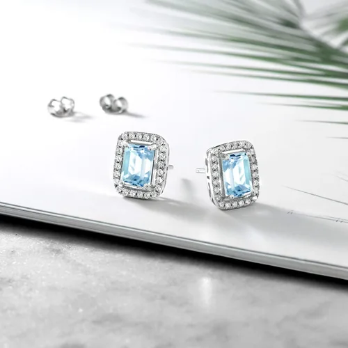 Miniatura 20 de Gem Stone King Aretes de plata de ley 925 con piedra natal Corte esmeralda de 0.315 x 0.236 in Aretes de halo para mujer